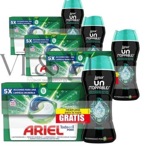 Ariel Todo en 1 Pods Detergente Concentrado + Lenor Unstoppables Fresh Perlas de Fragancia Pack Ahorro con 100 Cápsulas y 840 g para Limpieza Profunda y Aroma Duradero en Cada Lavado