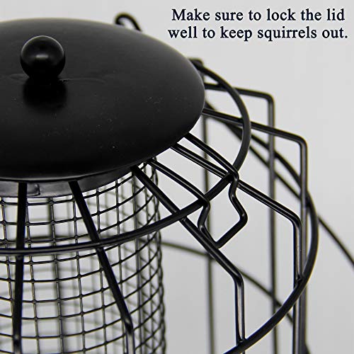 SAND MINE Wild Bird Feeder, Caged Tube Feeder, Squirrel Proof Outdoor Birdfeeder with Large Mesh Metal Seed Guard Deterrent for Large Birds, Black