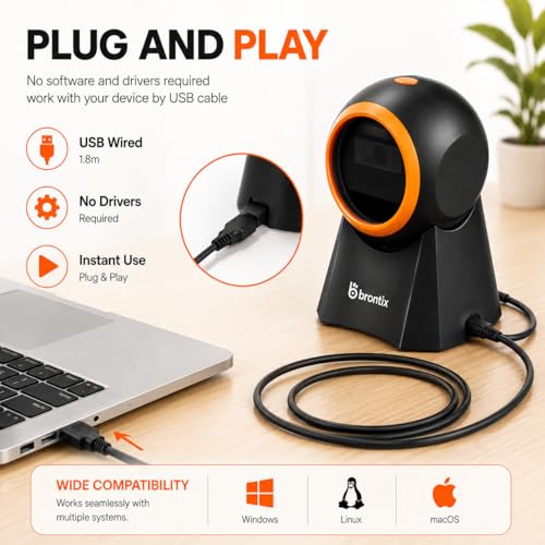 Image of BRONTIX Desktop Barcode Scanner, 2D QR Code | Billing POS System, Hands Free Auto Sensing USB Barcode Reader, Fast Omni Directional Scanning, Retail Store, Warehouse