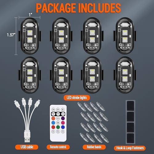 Image of 8PCS Wireless LED Strobe Lights with Remote Control, 8 Colors USB Charing Warning Lights for Car Motorcycle Drone Aircraft Bike