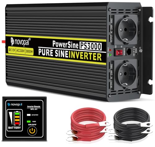 NOVOPAL 3000W Convertisseur Pur Sinus 12V 220V 230V Onduleur Transformateur,2 Prises EU AC,1USB,5M Télécommande,Convient pour Camion, Camping, Voyage,Voitures,Puissance de Pointe 6000W