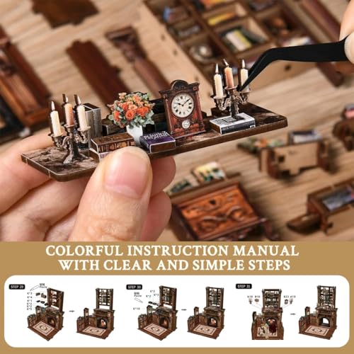 Image of PATPAT Book Nook Kit DIY Miniature House Kit with Vintage Fireplace, Bookshelves & Furnitur for Bookshelf Decoration & Creative Craft Assembly, Twilight Library Doll House Set for Kids 12*10.5*17.5cm