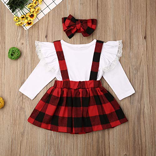Citgeett 3Pcs Toddler Baby Girls Thanksgiving Outfit Ruffle Sleeve Little Turkey Tops+Suspender Plaid Skirt Set thumb #4