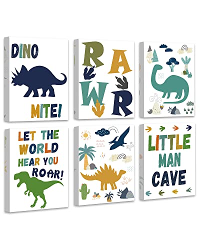 Image of Dinosaurs Nursery Wall Art Decor Kids Room Poster Dino Prints Cute Wall Decor for Little Man Boys Girls Babies Toddler Bedroom Bathroom Playroom Decoration Set of 6 8x10 inches (Framed)