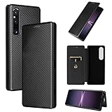 Pelanty for Xperia 1 V ケース手帳型 炭素繊維調 SO-51D SOG10 携帯カバー 背面カバー 軽量薄型 財布型 カード収納 ソニー エクスペリア1v 第5世代 so51d スマホケース マグネット ストラップ付き 耐衝撃 全面保護-ブラック
