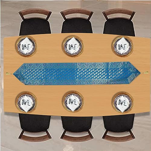 Image of Traditional Brocade Silk Table Runner for Living Room 4 to 6 Seater Dining Table Runner Elephant End Tassels 14x80 Inches (Turquoise)