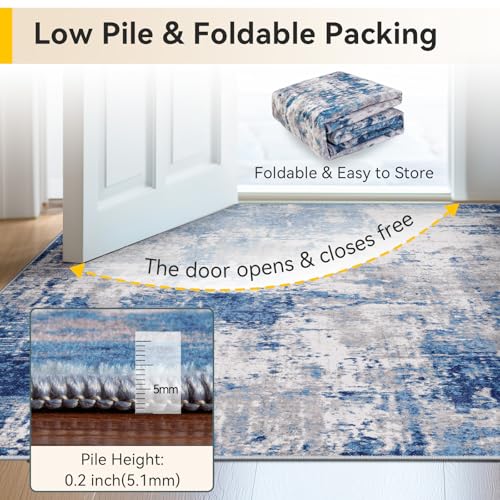 Washable Area Rugs 5'x8' Non-Slip Modern Abstract Soft for Living Room Entryway Bedroom Nursery, Print Pattern, Blue Grey Navy Gray