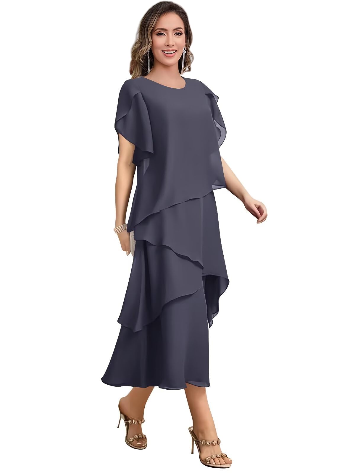 Flowy Chiffon Tiered Mother of The Bride Dresses for Women Tea Length Short Sleeve Formal Wedding Guest Dresses
