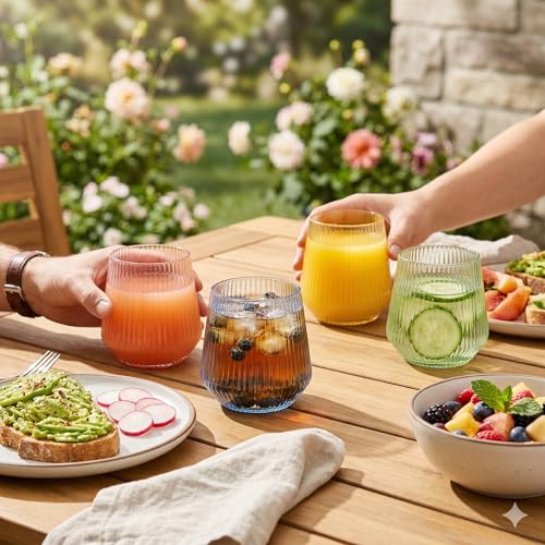 Image of 40 Pack Disposable Stemless Plastic Wine Glasses 12 oz - Origami Ribbed Shatterproof Reusable BPA-Free Recyclable Unbreakable Cocktail Cups, Champagne Wedding Birthday Party, Oojami (Color Collection)