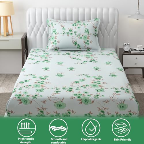 Image of Fresh From Loom Floral Print 240 TC Microfiber Single Bed Bedsheet Set with 1 Pillow Covers - Hypoallergenic & Soft (60 x 90 inch | Cyan, Floral Design)
