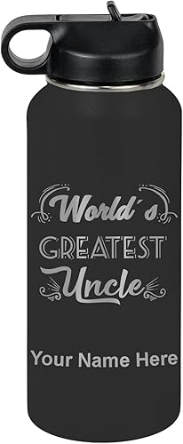 Miniatura 73 de LaserGram Botella de agua personalizada, el tío más grande del mundo, acero inoxidable de doble pared aislada al vacío con popote superior, regalo