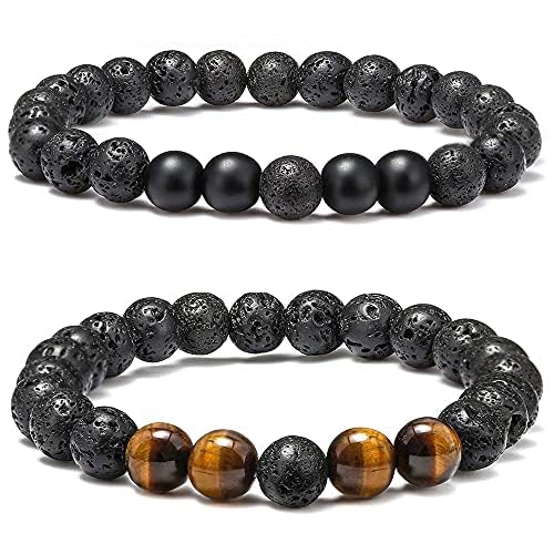 TINGNMen's Lava Stone Bracelet, 8 mm Tiger's Eye Beads Bracelet, Natural Yoga Beads Bracelets, Healing Stones, Essential Oil, Adjustable Bracelet, Personalised Gifts for Men and Women Bracelet