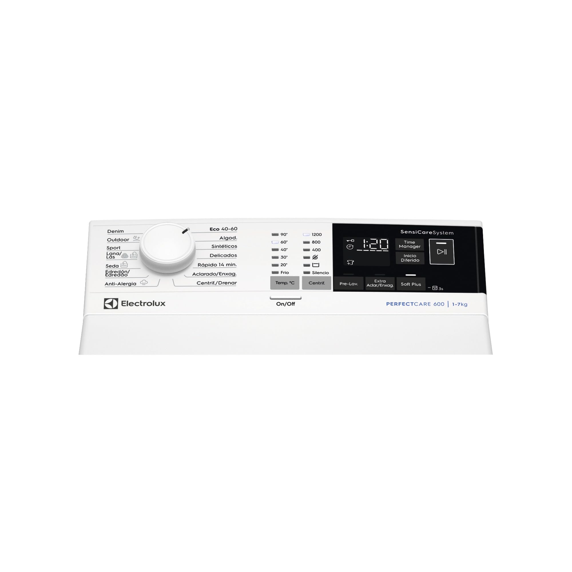 Electrolux EN6T4722NF Lavadora de Carga Superior 7Kg, 1200 rpm, Libre Instalación, Tecnología SensiCare, Función TimeSave, Inicio en Diferido, Programa Antialergias, Display LCD, Blanco, Clase A