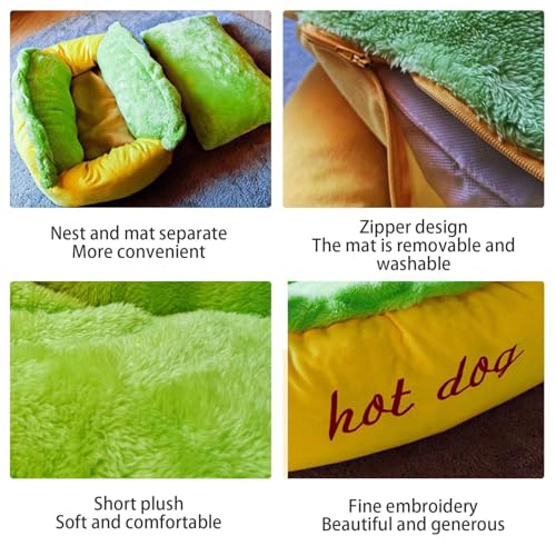 Hundebett, mittelgroß, in Form eines Hot-Dogs, waschbar, flauschig, Kissen mit Reißverschluss, rutschfest, Hundebett, für mittelgroße Hunde und Katzen