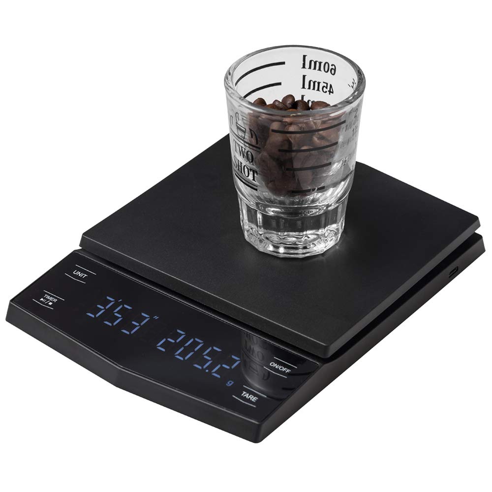Bonvoisin Báscula de café eléctrica con temporizador digital de alta precisión, 2 kg, 0,1 g, mini báscula USB con tara, función de conversión de unidad pantalla LED