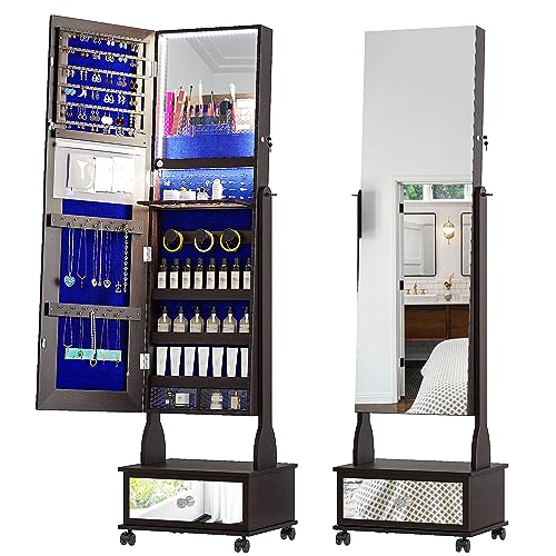 Lvifur 360° Rotating Full Length Mirror Jewelry Armoire, 63” Large Capacity Jewelry Organizer, Lockable Jewelry Mirror Cabinet with Rear Storage Shelves (Grey)