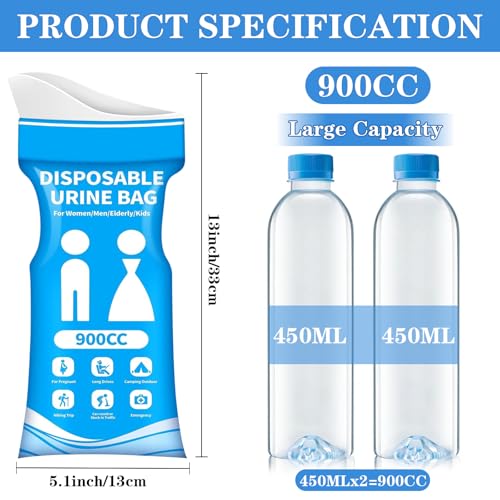 Disposable Urine Bag, Pee Bags for Travel for Women/Men, 900ML Emergency Portable Pee Bags and Vomit Bags, Urine Bag for Camping, Traffic Jams, Pregnant, Kids - 8/12/20/24PCS - Image 3