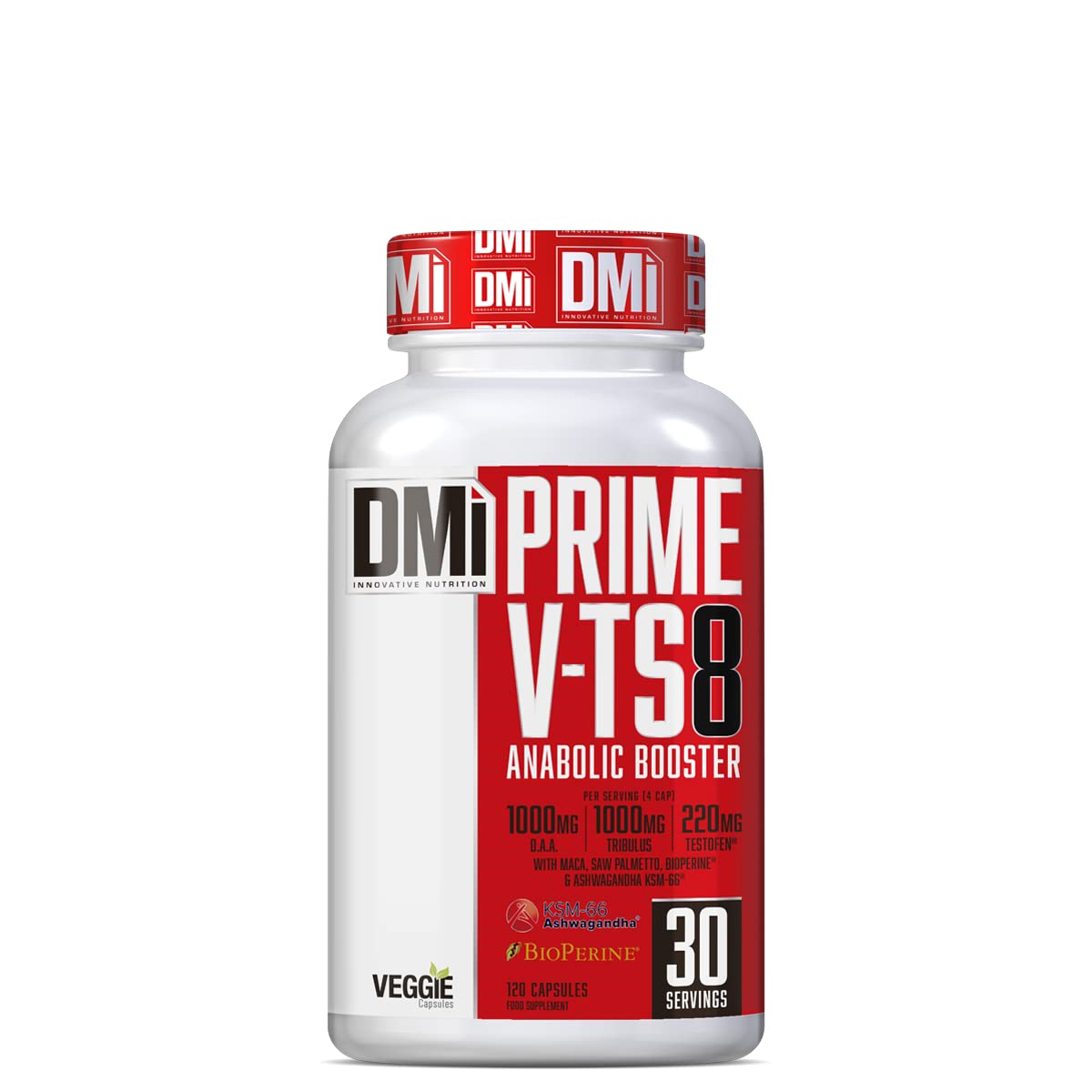 DMI INNOVATIVE NUTRITION Prime V-TS8 120 Cápsulas – Precursor de Testosterona con Testofen®, Maca, Ashwagandha KSM-66®, Tribulus y Ácido D-Aspártico – Soporte para Masa Muscular, Rendimiento Deportivo