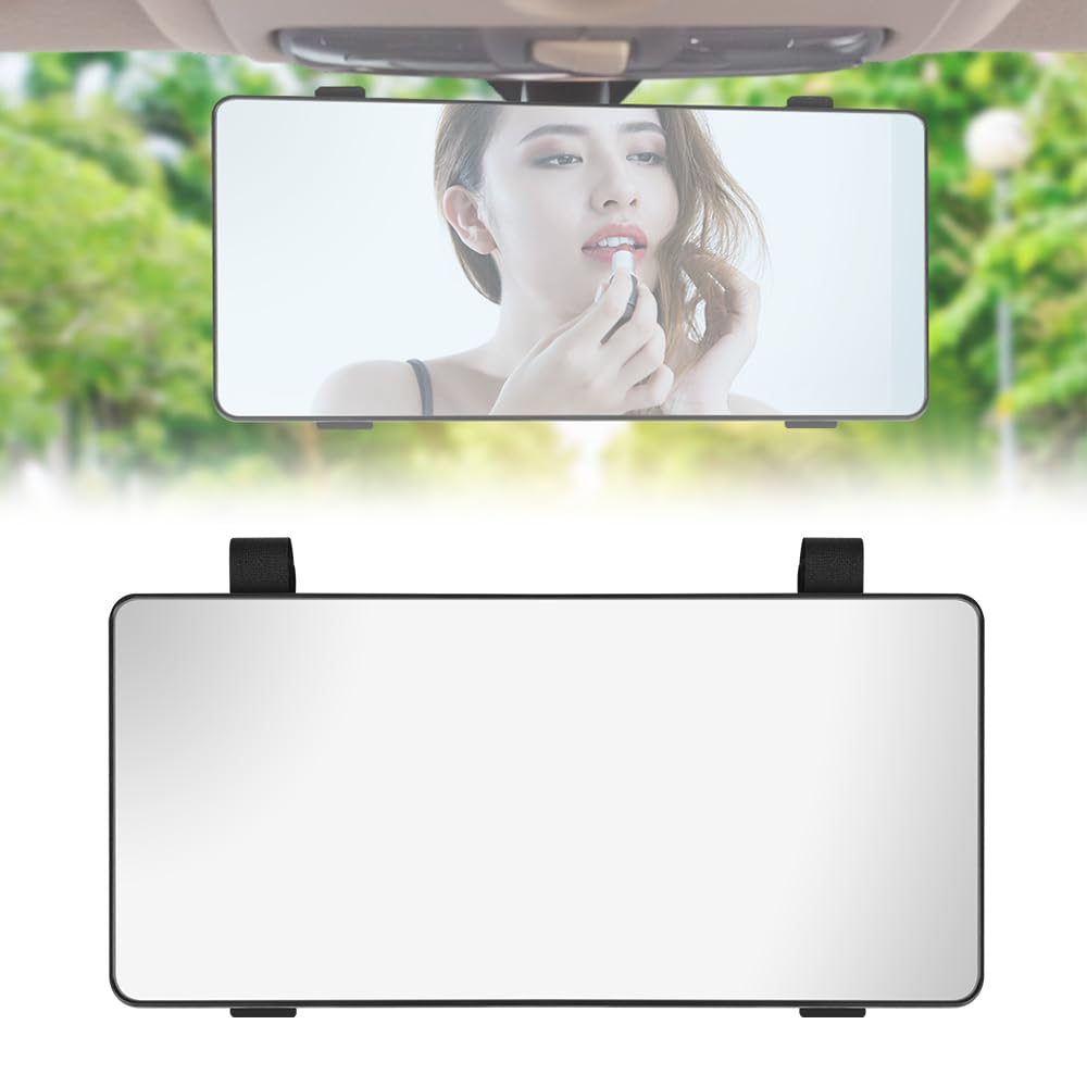 NAROSEBE Espejo Parasol Universal para Coche 25,5x13,5cm - Delantero con Espejo de Maquillaje para Visera - Grande con Banda Ajustable y Vidrio de Alta Resolución