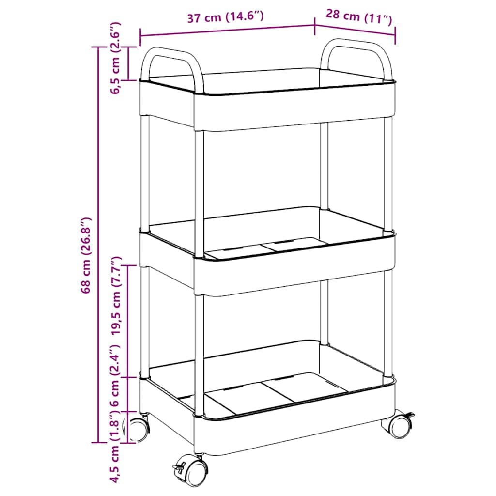 Aufbewahrungswagen 3 Etagen transparent 37x28x68 cm Acryl Edelstahl rollbar mit 4 Rädern für Haushalt, Büro, Lager, Garten, Umzug, Treppensteiger, Klappkarre, leicht, robust, vielseitig