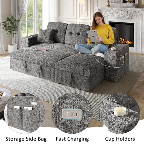 Image of 90 Inch Modular Sectional Sleeper Sofa Bed, 4 in 1 Pull Out Couch Bed with Reclining Backrest | Reversible Storage Chaise | Wide Armrest | Tool Free Assembly, Chenille Fabric, Grey