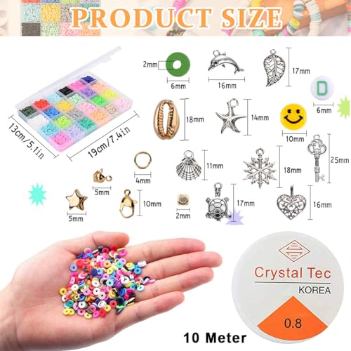 SANNIDHI® Clay Beads Kit 4800pcs 24 Colors Clay Beads for Bracelet Making Set, Polymer Flat Letter Spacer Bead with Charms Elastic Strings DIY Craft, Gift for Girls Kids Women,Multi-Colour
