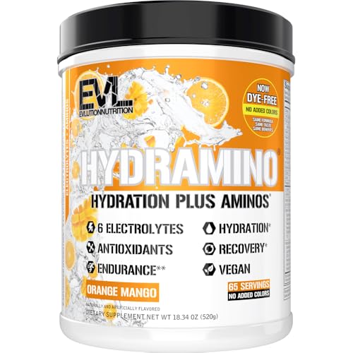 Image of EVL Hydramino - Complete Hydration Powder - Orange Mango | All 6 Electrolytes, Vitamin C & B, Fluid Boosting Aminos, Coconut Water, Endurance, Recovery, Antioxidants - 65 Servings