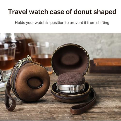 Image of CONTACT'S FAMILY Genuine Leather Watch Travel Case for Men Women Single Watch Box with Strap Travel Portable Watches Storage Organizer up to 54mm