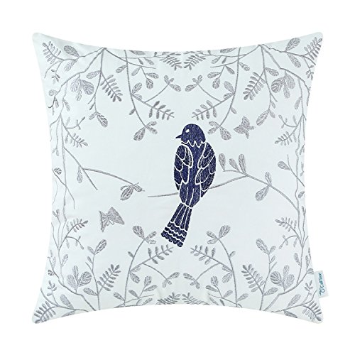 CaliTime Cotton Throw Pillow Case Cover for Bed Couch Sofa Cute Bird in Gray Garden Embroidered 18 X 18 Inches Navy Blue