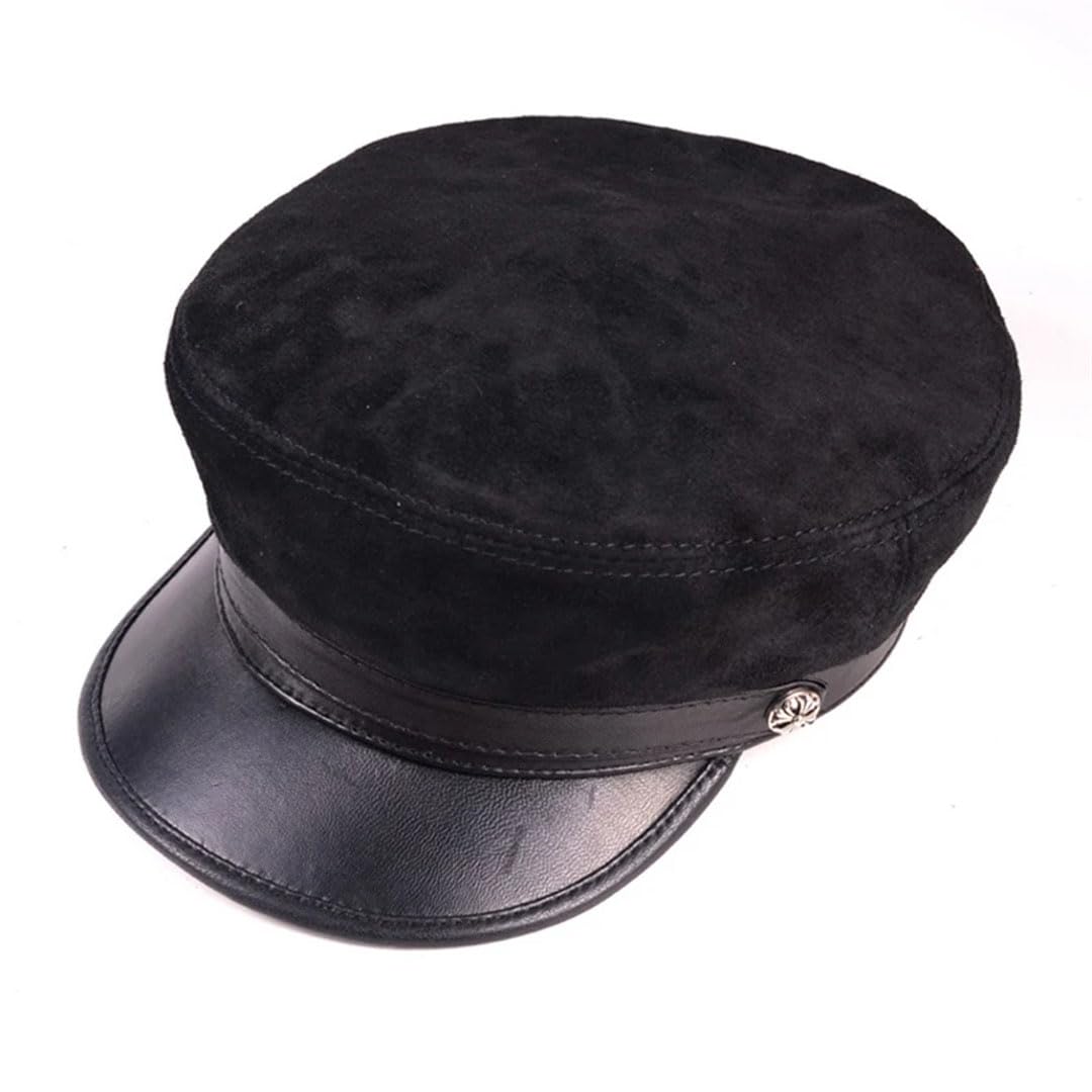 Sombreros de gamuza de piel auténtica para hombre y mujer, unisex, color azul marino, con cinturón de metal, gorra plana marrón/morado