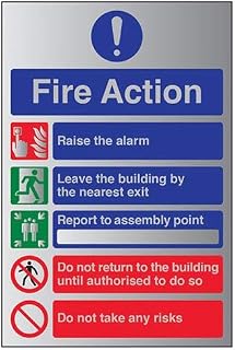VSafety General Fire Action 5 Message Risks Sign - 150mm x 200mm - 3mm Brushed Alu Comp