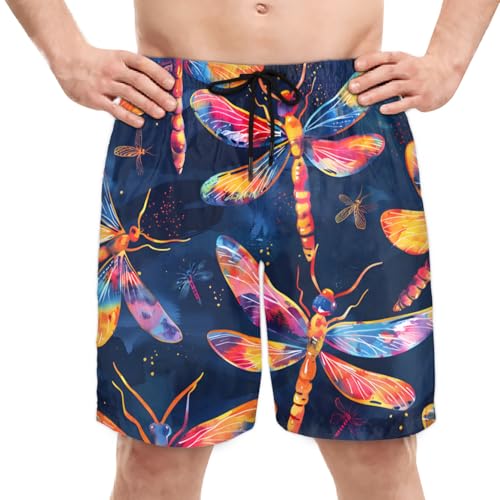 Men's Swim Trunks Size S Colorful Dragonflies with Mesh Lining Soft Breathable Quick Dry Beach Shorts Navy Blue