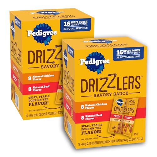 Pedigree Drizzlers for Dogs, Wet Dog Food Gravy Savory Sauce Multipack, 60g Dual-Serving Pouch, 16 Count, Pack of 2 (32 Pouches, 64 Servings Total)