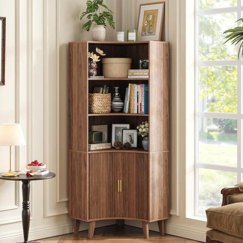 Image of Tall Corner Cabinet with Fluted Doors, 5-Tier Coffee Bar Cabinet
