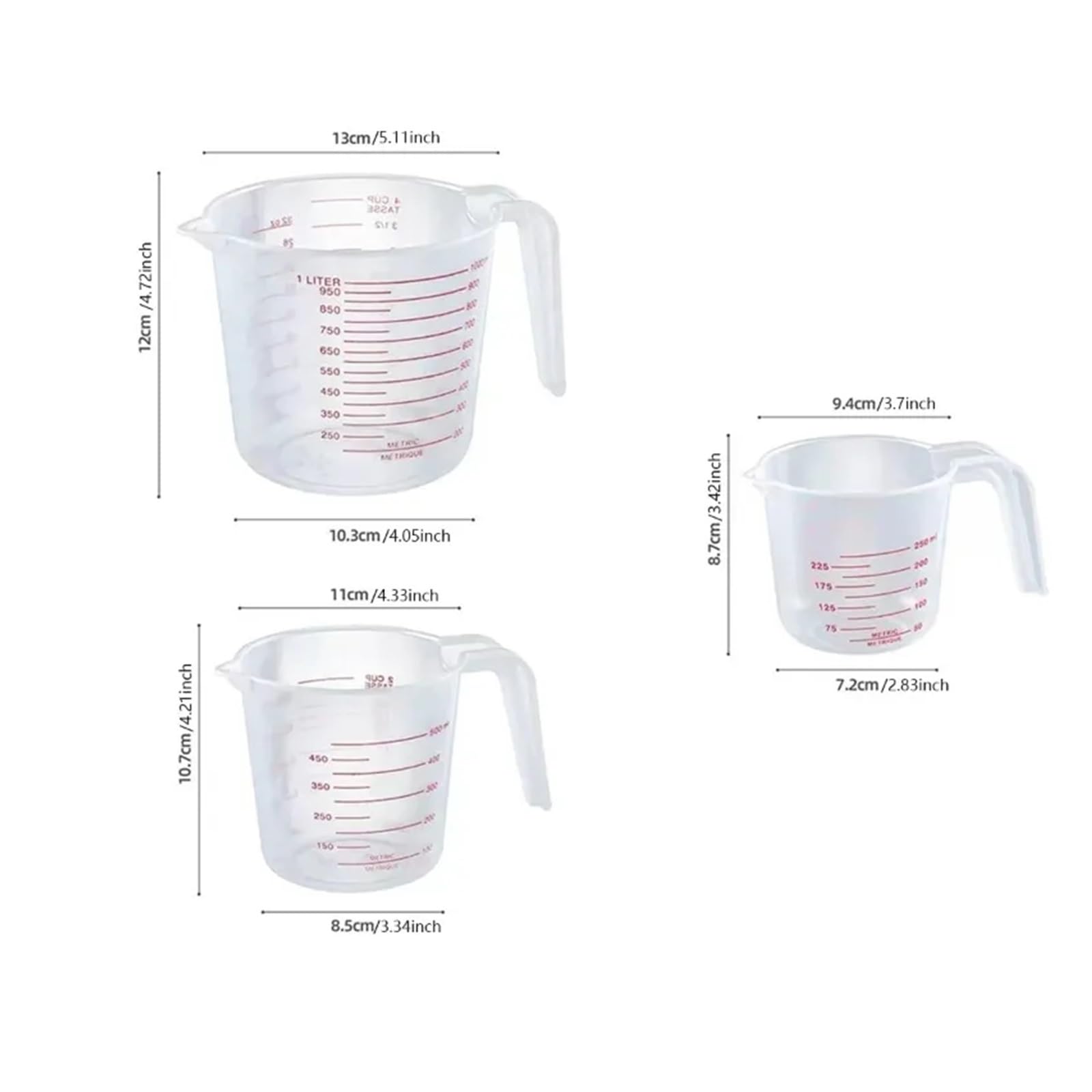 Juego de 3 vasos medidores graduados de plástico transparente de 250-500-1000 ml for cocina, con diseño de asa.