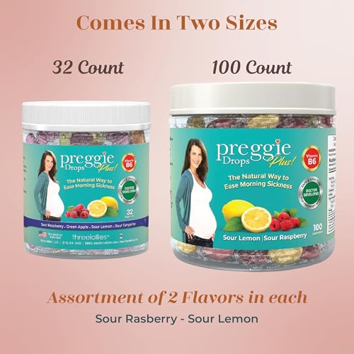 Image of Preggie Drops Plus Pregnancy Nausea Relief Drops with 10 mg Vitamin B6 and Essential Oils, Morning Sickness and Queasy Stomach Support for Pregnant Women, Sour Lemon & Sour Raspberry, 100 Count