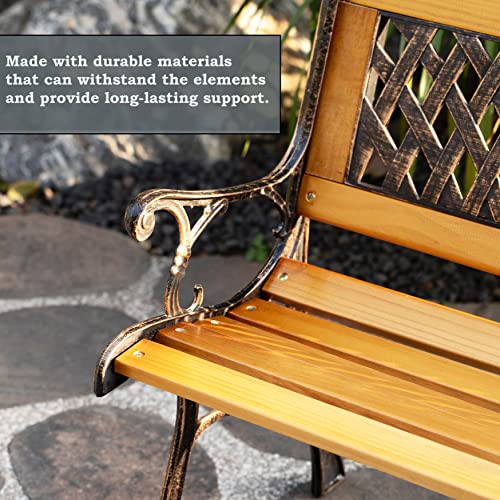 Gardenised Qi003462L Outdoor Classical Wooden Slated Park, Steel Frame Seating Bench For Yard, Patio, Garden, Balcony, And Deck, Brown #TOP6