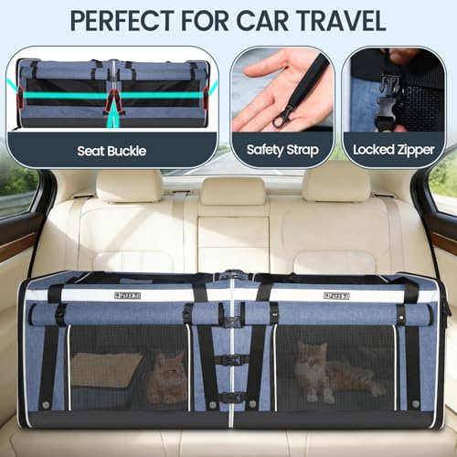 Image of Petskd Double Extra Large Cat Carrier with Litter Box and Privacy Curtain, 48 inchx17 inchx17 inch Soft Cat Car Travel Carrier with Locking Zippers for Multiple Cats Long Distance Trip(Blue)