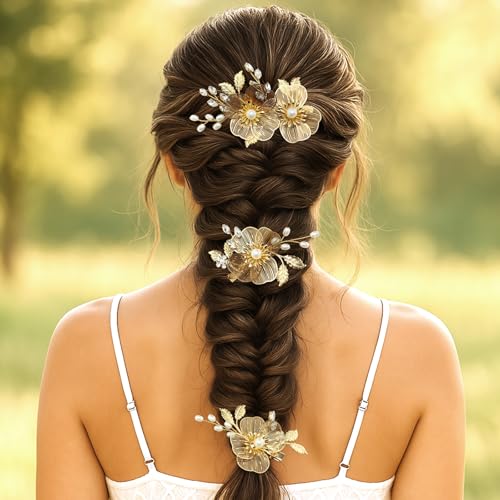 Pinzas para cabello doradas con flores y perlas de cristal, pack de 3 miniatura 2