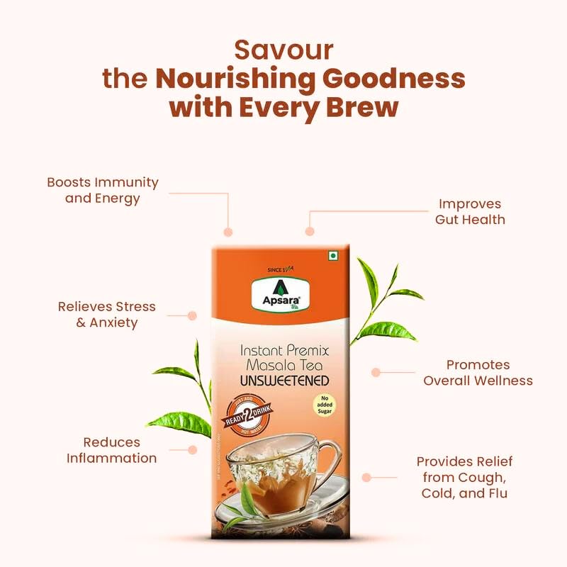 Image of APSARA Instant Tea Premix Unsweetened Masala Tea 10 Sachets | Ready To Drink Sugar Free Chai | Enriched with Ginger, Cardamom, Pepper, and Indian Spices, No Added Sugar Chai, On the Go Tea