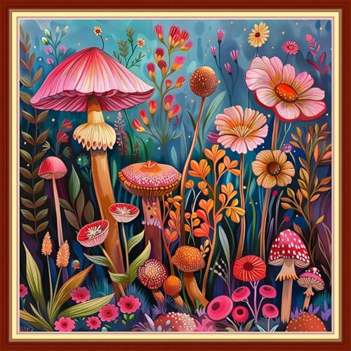 Image of Joyhoor Stamped Cross Stitch Kits for Beginners Needlepoint Kits for Adults Embroidery Kits 11CT Counted Cross Stitch Kits Printed Embroidery Pattern-Mushroom Flowers 18x18 inchs