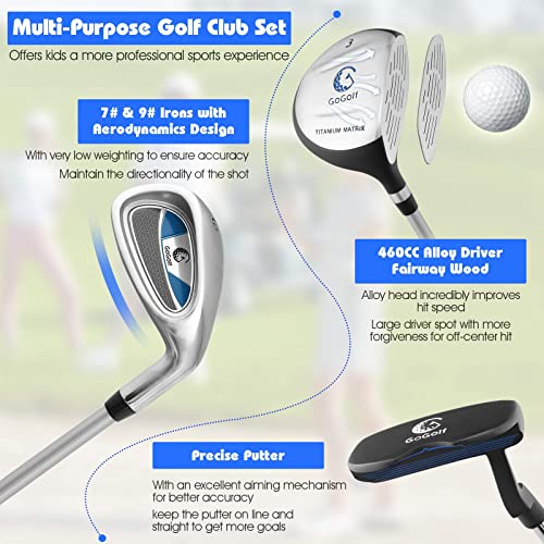 Officejoy Kids Golf Clubs, Golf Stand Bag With 3# Fairway Wood, 7# & 9# Irons, Putter, Head Cover & Rain Hood, Youth Golf Clubs For Boys & Girls, Junior Golf Clubs For Ages 11-13, Right Hand, Blue #TOP3