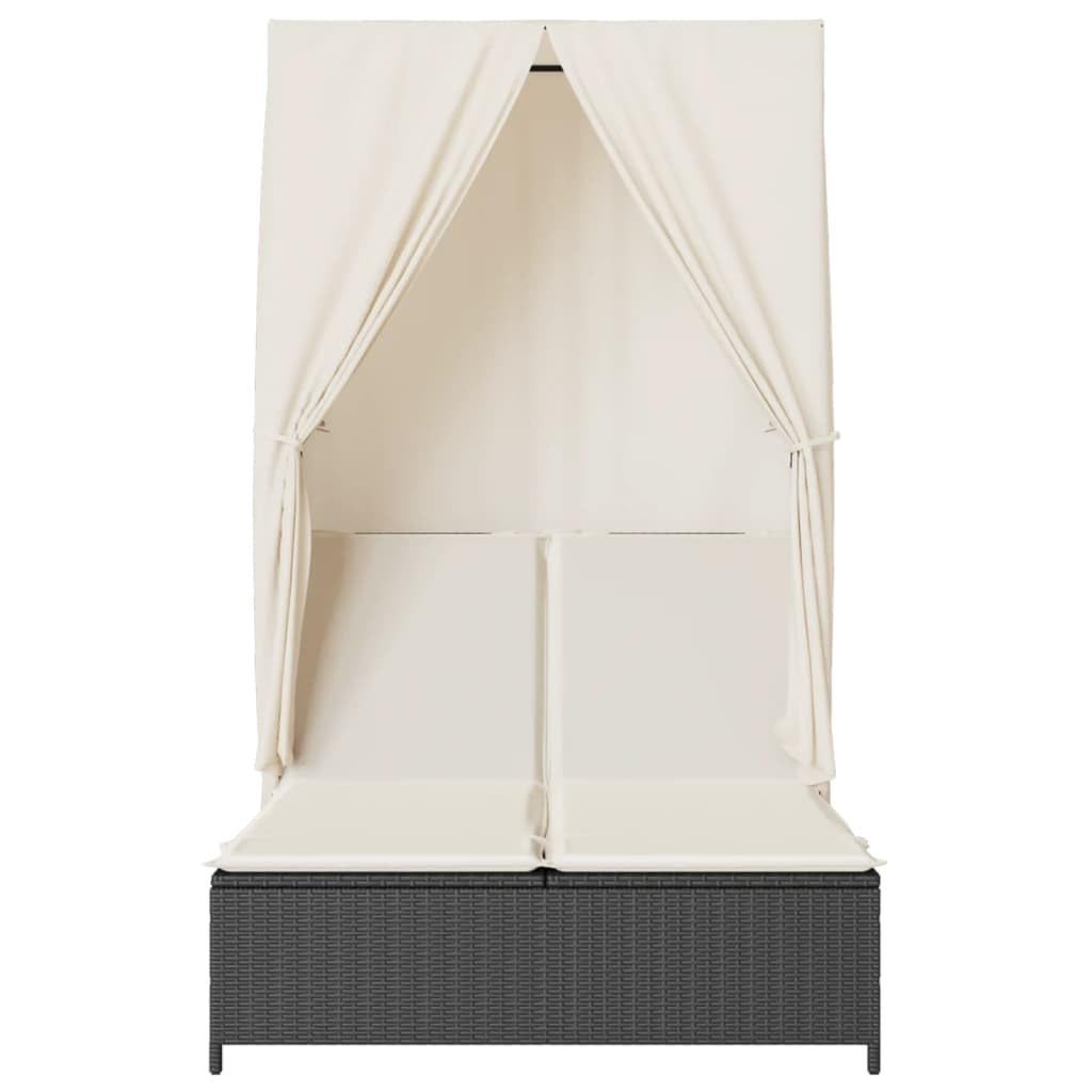 Sdraio doppio con tetto e tende, nero, in polyrattan, regolabile in 4 posizioni, sdraio da giardino, da balcone, da piscina, spiaggia, con cuscino per relax e comfort