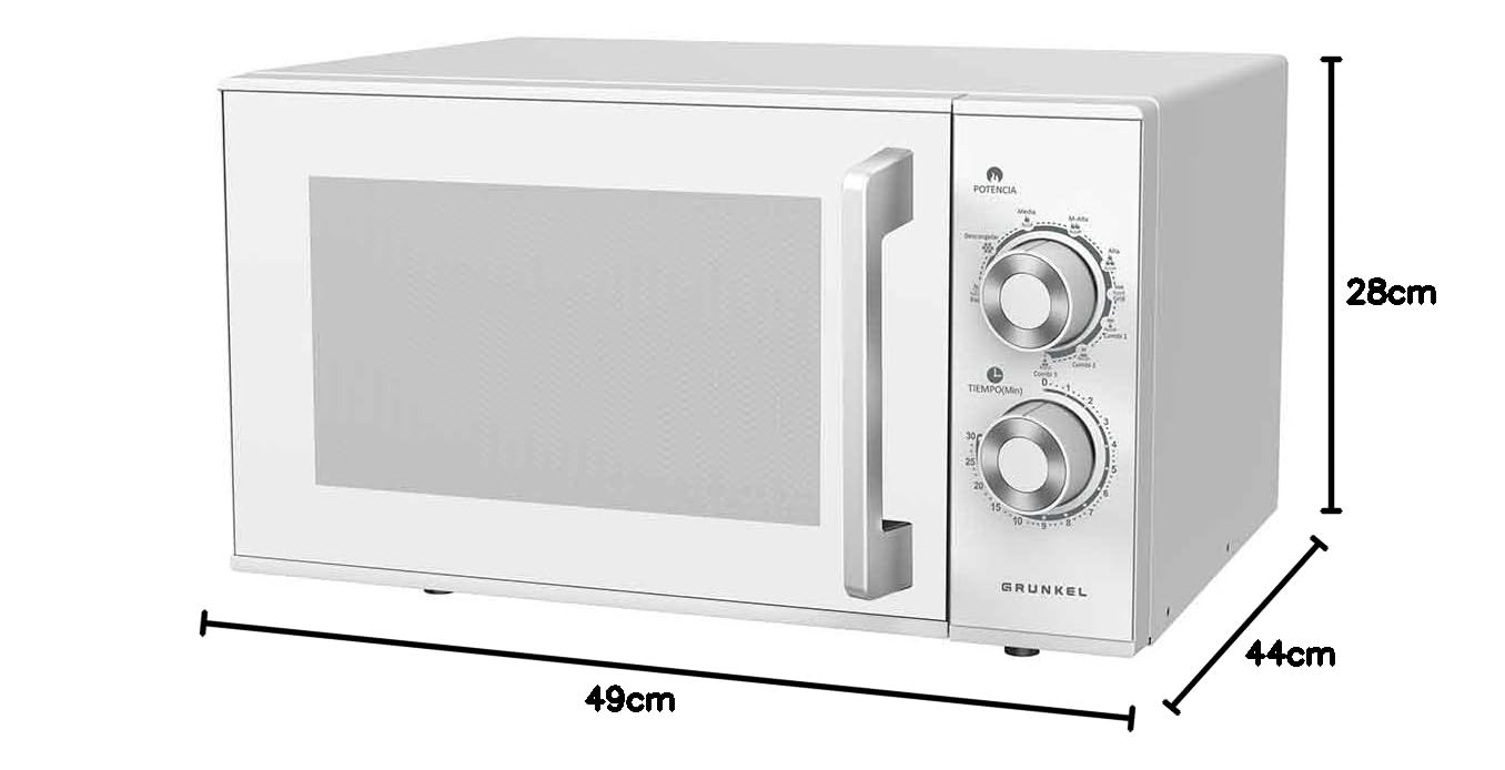 Grunkel Microondas con grill de 25 Litros, 900W + 1000W 5 Niveles de Potencia, 3 Modos Combinados, Temporizador 30 min Apertura con Tirador y Bandeja Ø245 mm