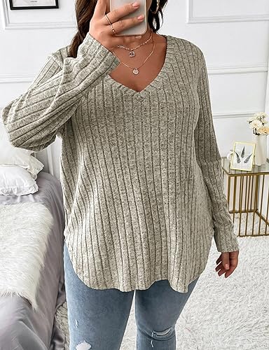 Image of Koscacy Women Plus Size Casual Knit Sweater V Neck Solid Color Tops Lightweight Long Sleeve Blouses