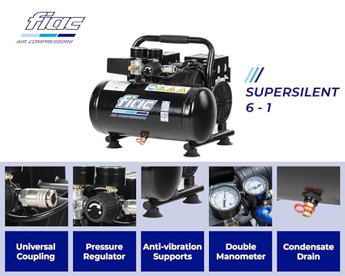 FIAC Draagbare luchtcompressor Supersilent 6, olievrij, maximale druk 8 bar, 1 pk, tank 6 liter, geluidsniveau 58 dB LpA - Afbeelding 4