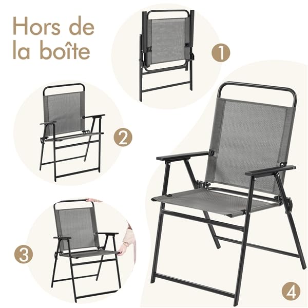 Yaheetech Lot de 4 Chaise de Jardin Extérieur Chaise Pliante Camping Portable Tissu en Polyester Respirant et Robuste Gris