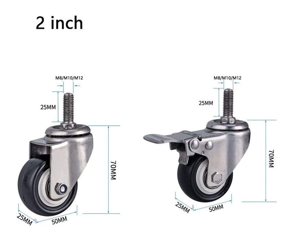 Kółka Kółka Gwint M8/M10/M12 do mebli 1,5''/2 cale (50 mm) Wytrzymałe 300 kg Cichy PU z hamulcem Obrotowe Małe kółka do stołu Biurko Wózek Łóżeczko dziecięce 4 szt.