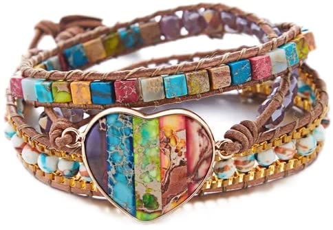 Boutique Ss 7 Chakra Healing Natural Heart Gemstone Bracelet - Meditation Energy Spiritual Protection - Mental Health Balance 3 Strands Handmade Leather Wrap 1 Piece Of Handmade Bracelet, Clear #TOP12