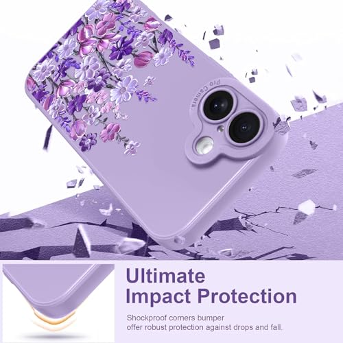 Image of Designed for iPhone 17 Case Floral for Women Girls, Purple | Cute Oil Painting Flower Pattern Liquid Silicone Phone Case [Full Camera Protection] Slim Soft TPU Protective Cover